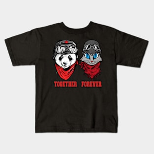 Cute Panda and cat couple in helmet and goggles Kids T-Shirt